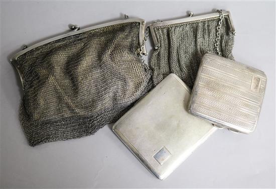 Two silver cigarette cases and two white metal mesh evening purses.